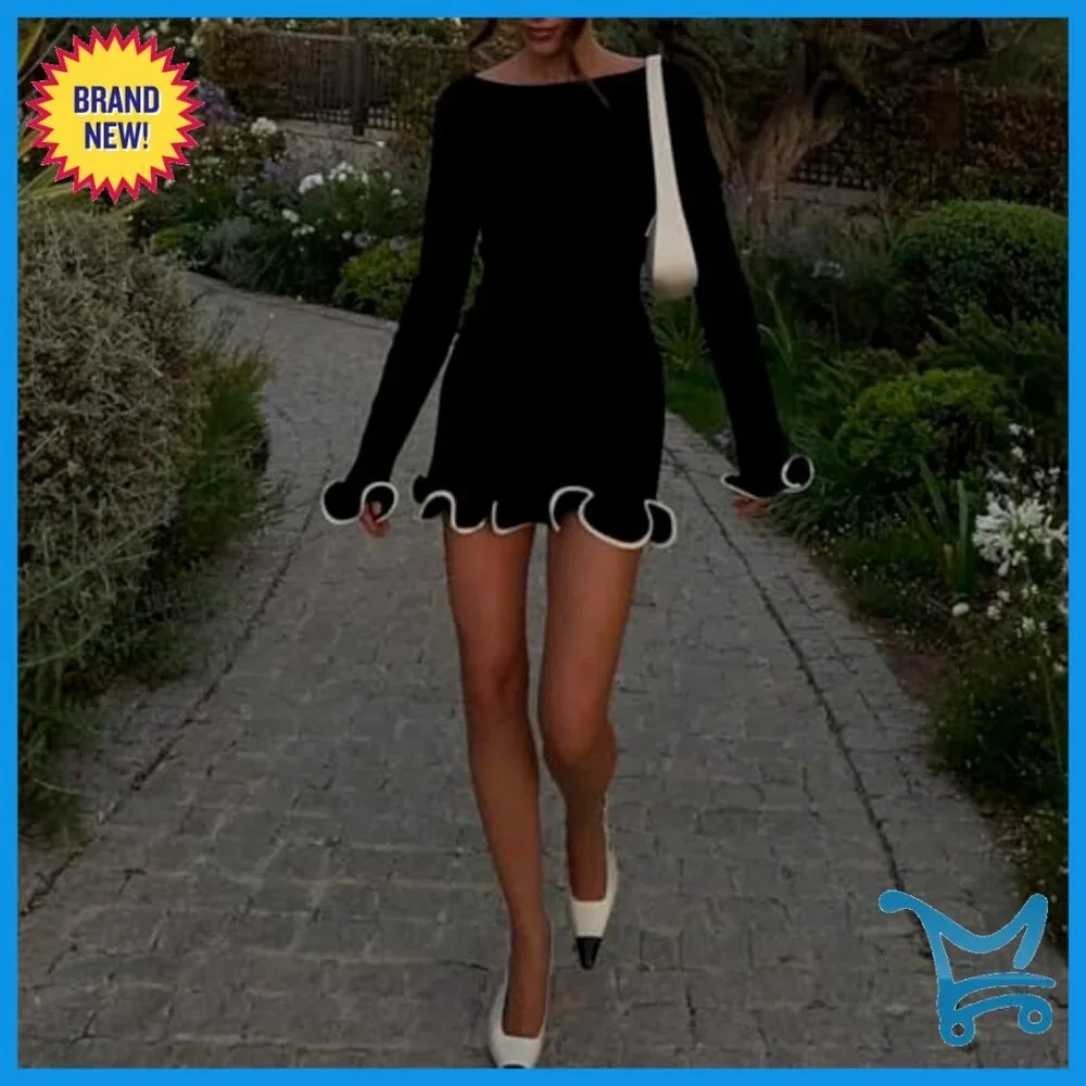 Ruffle Hem Knit Mini Dress Long Sleeve Bodycon Chic Elegant Fall Winter - Picture 4 of 7